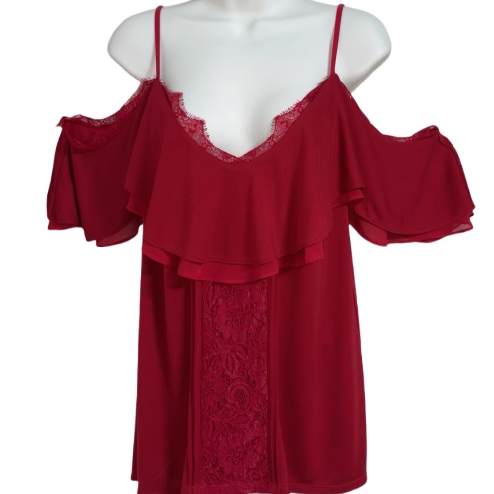 White House Black Market Red Cold Shoulder Ruffle Lace Blouse Sexy Size Large